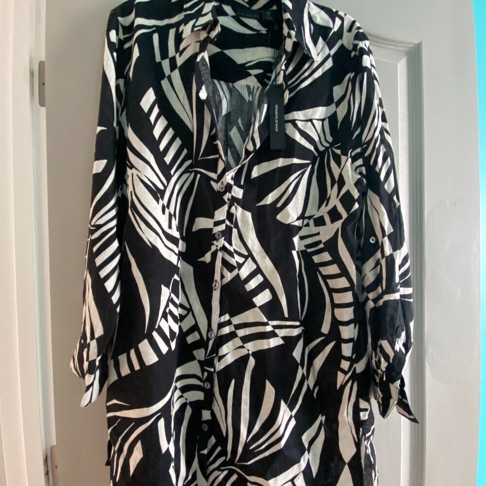 Tahari Vacation Linen Print Maxi Shirt Dress Size Large Black and White Pattern